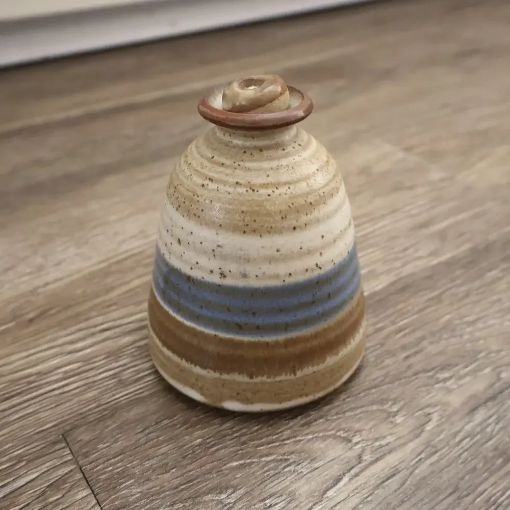 Vintage Speckled Stoneware Tan Blue Striped Vase Signed Aztec Southwestern Decor